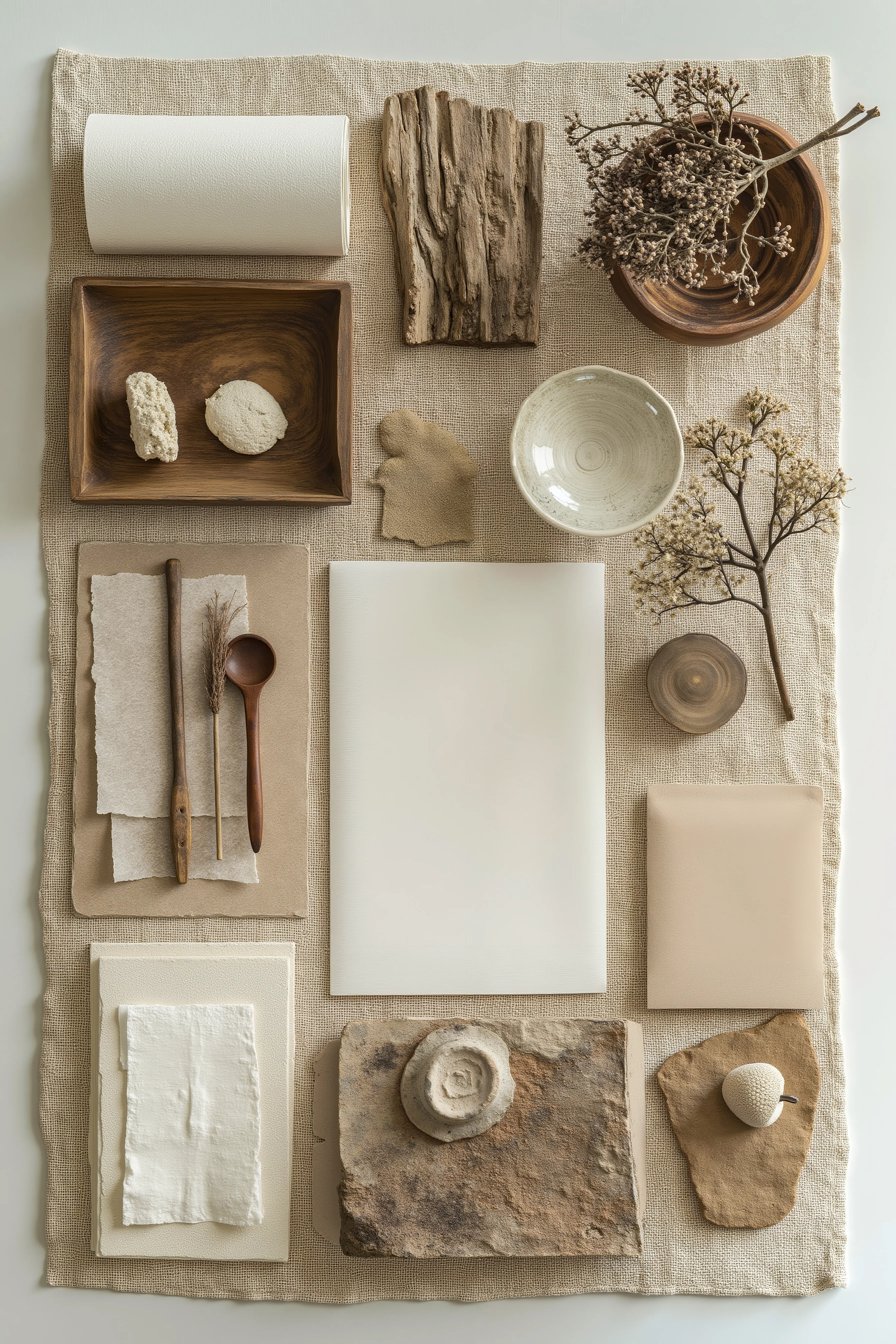 Eine Sammlung aus Naturmaterialien und Bastelzubehör, angeordnet auf einem strukturierten Stoffhintergrund.