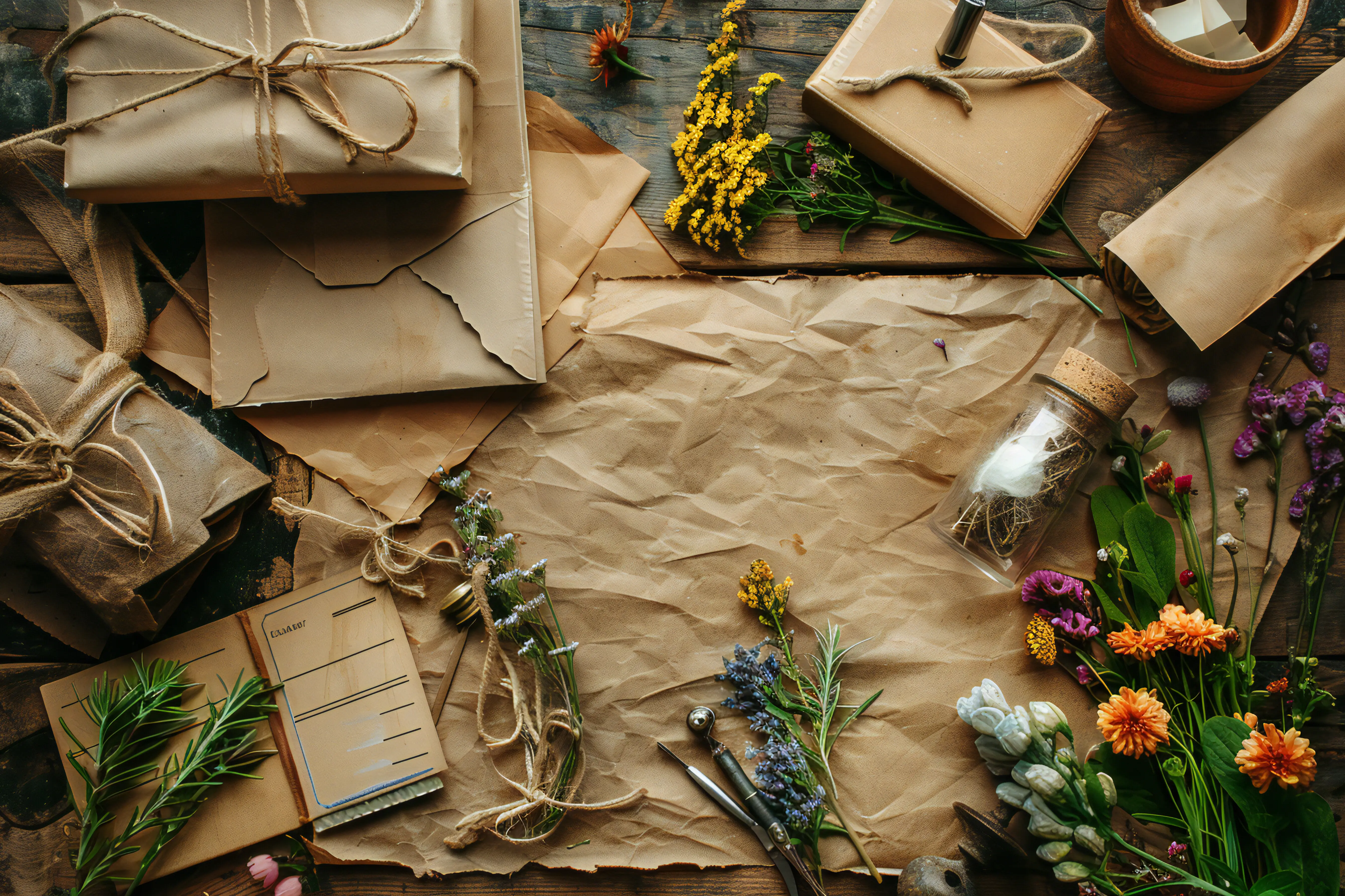 Rustikales herbstliches Flatlay mit Kiefernzapfen aus gealtertem Papier und natürlichen saisonalen Elementen