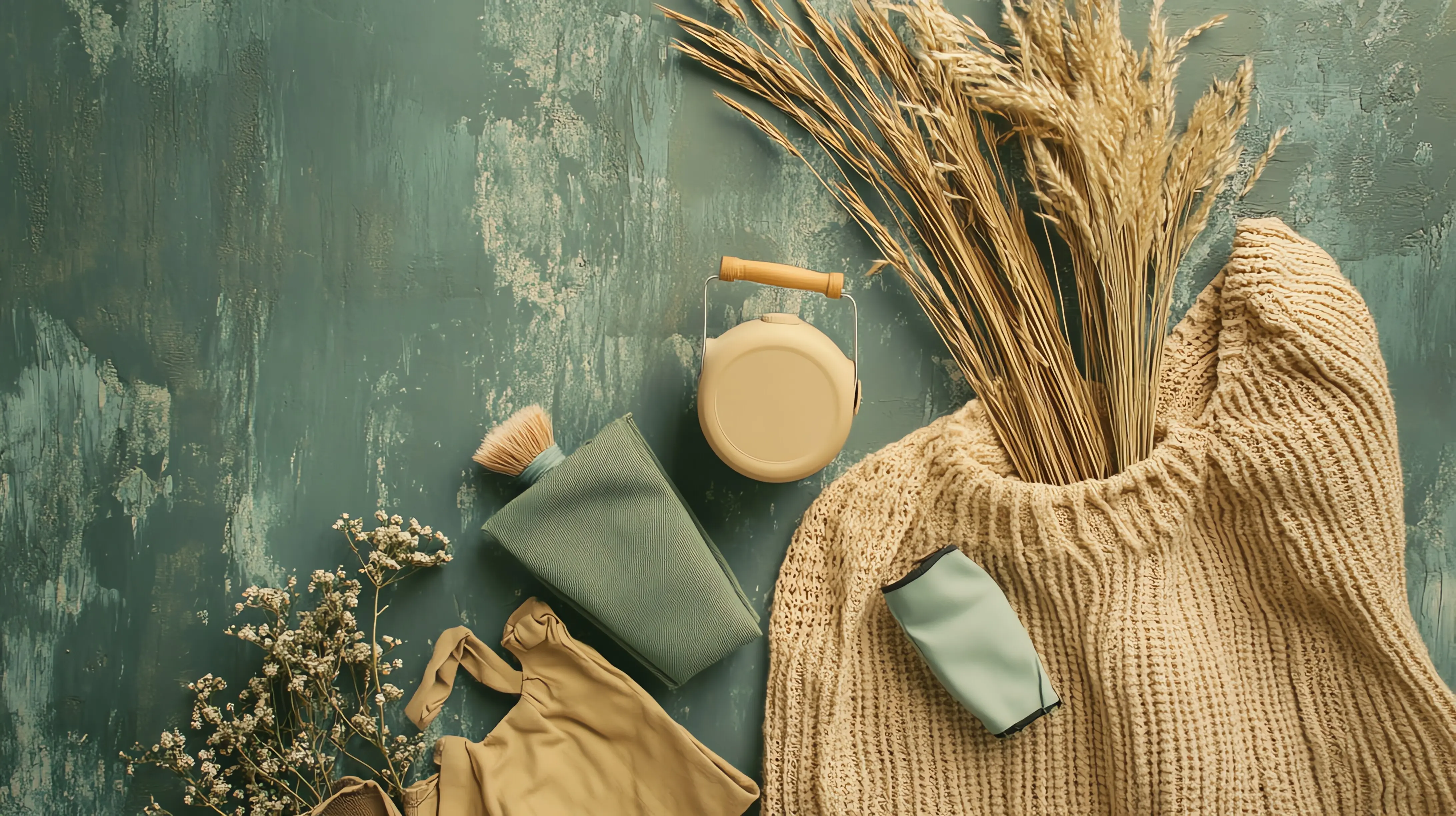 Draufsicht auf herbstliche, kuschelige Strickwaren und Accessoires